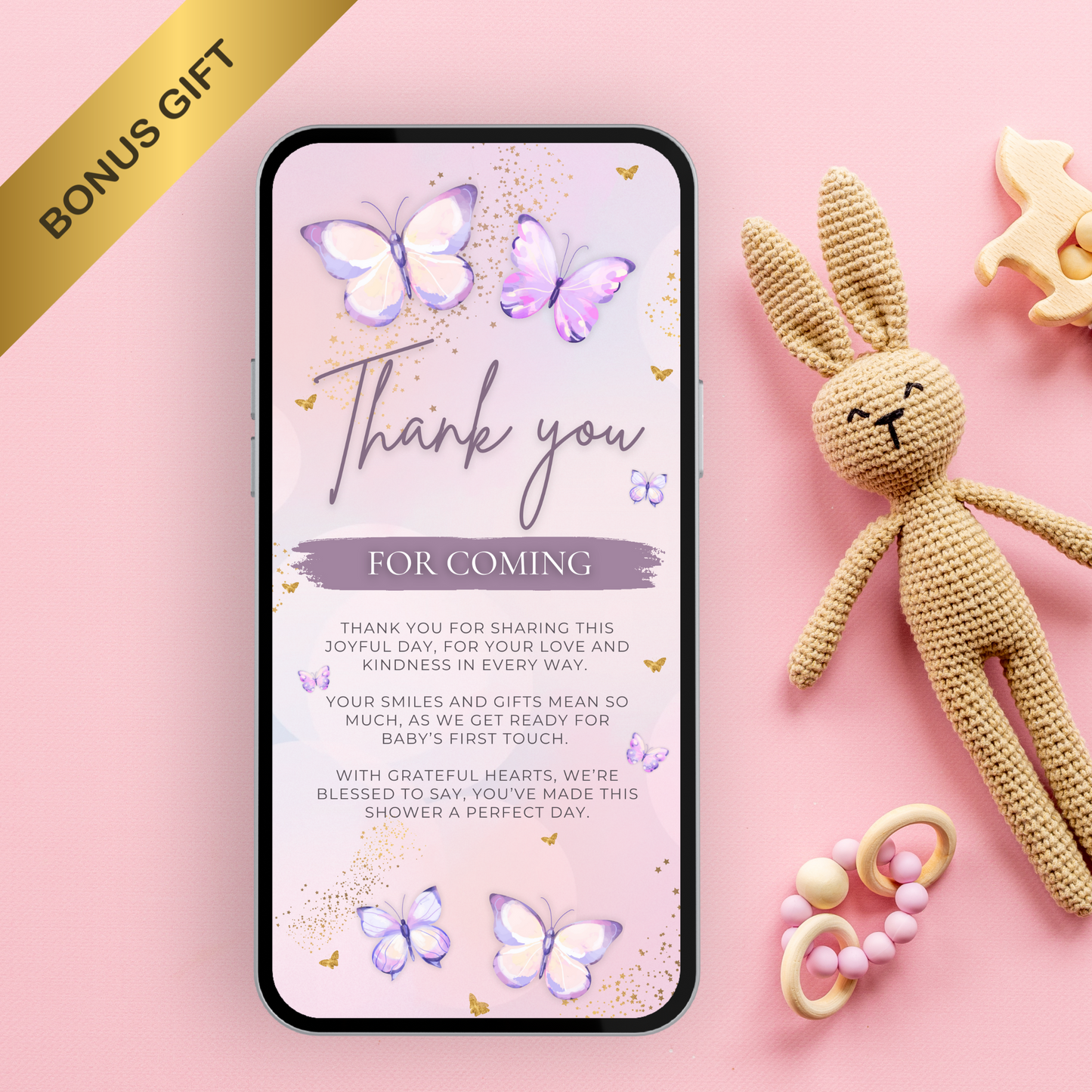 Digital butterfly baby shower invite shown on phone for texting or WhatsApp