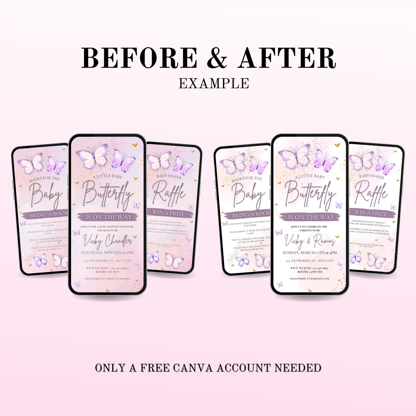 Instant download pink and lilac shower invitation with editable Canva layout