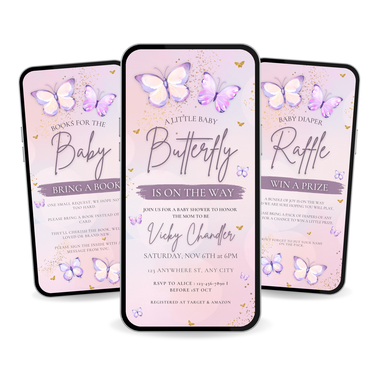 Pink and lilac butterfly baby shower invitation with whimsical floral accents