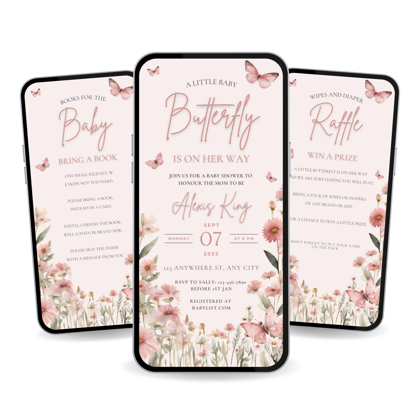 Editable butterfly baby shower invitation template with dusty pink florals and elegant script