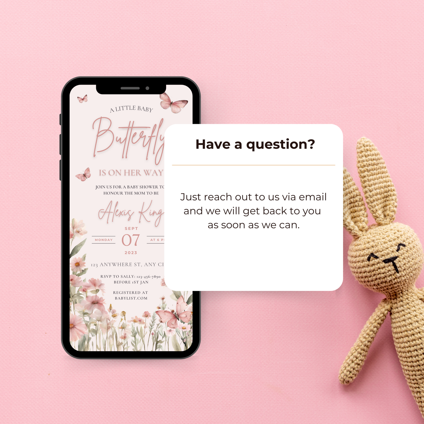 Instant download baby shower evite with floral butterflies, perfect for online sharing