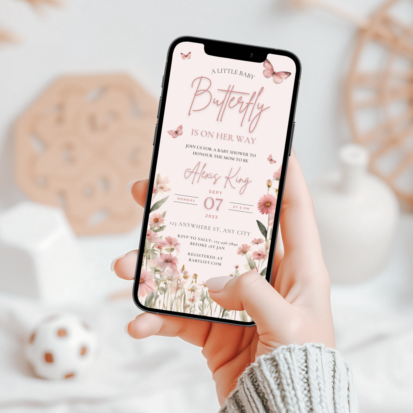 Stylish and inexpensive shower invitations for a butterfly-themed babyshower brunch