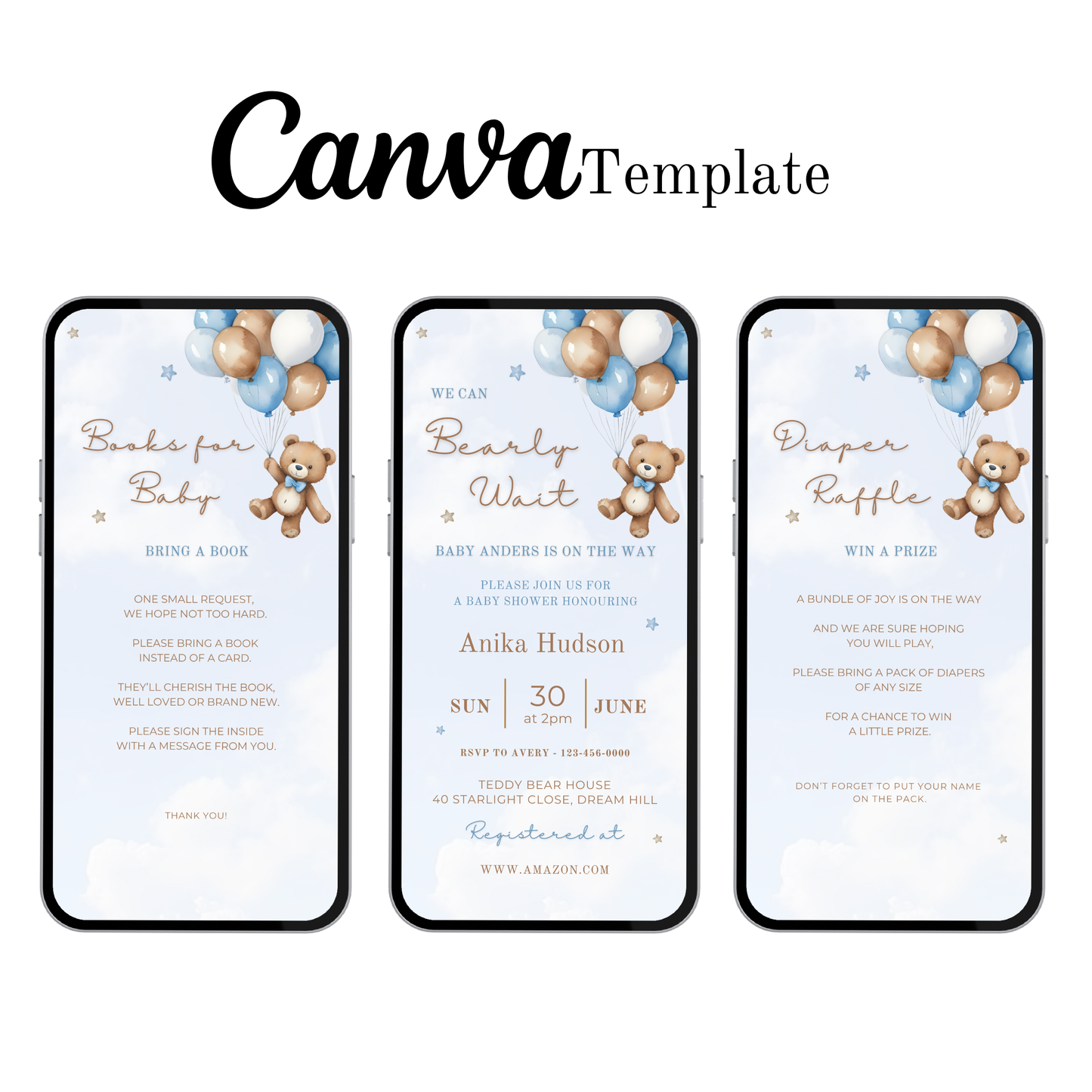 Cute We Can Bearly Wait teddy bear blue baby shower Canva template