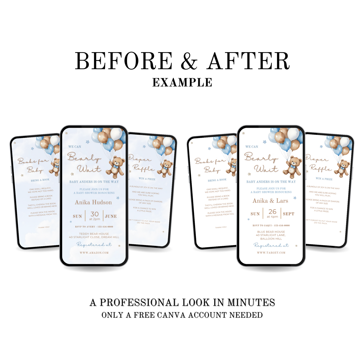 Editable We Can Bearly Wait baby shower invite blue design before and after. 