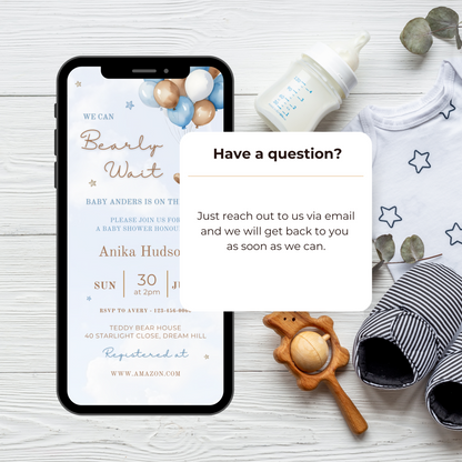 Cute We Can Bearly Wait teddy bear blue baby shower template have questions