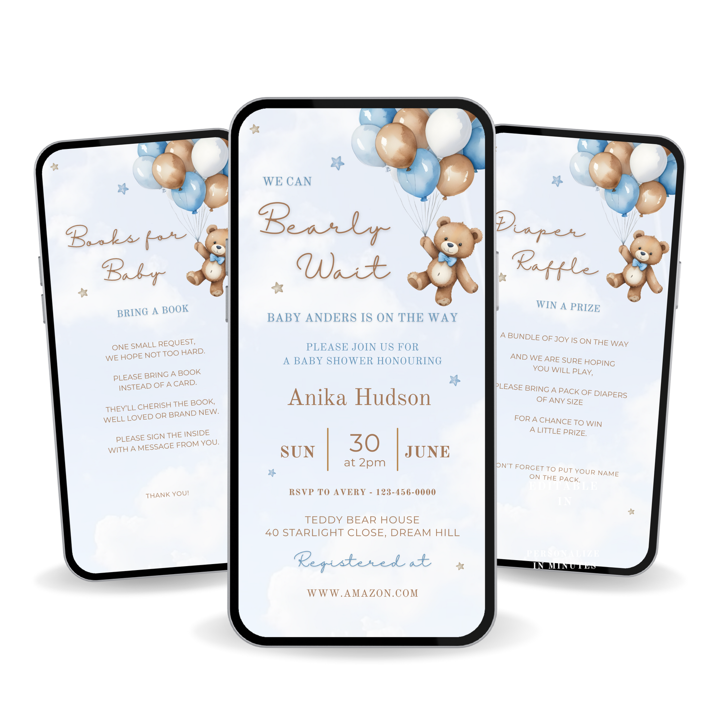 We Can Bearly Wait blue baby shower invitation digital download