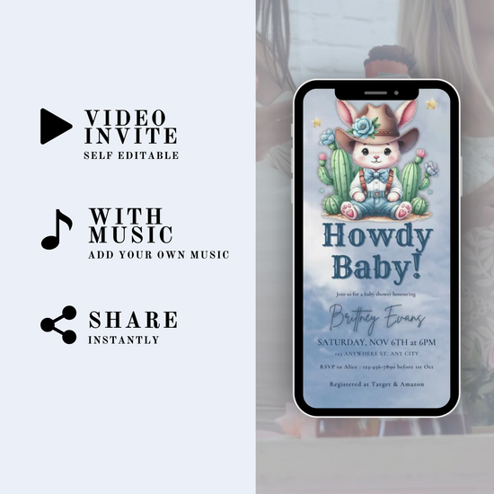 Editable Canva cowboy baby shower template featuring western bunny design