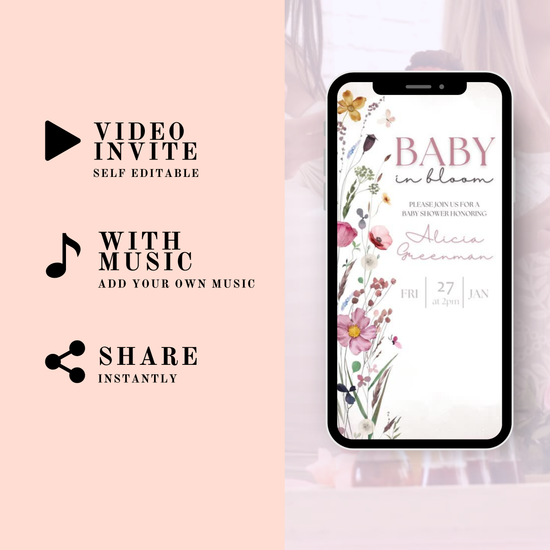 Close-up video of floral baby shower invitation Canva editable design, showing customizable name, date, and event details in script font. Add music.